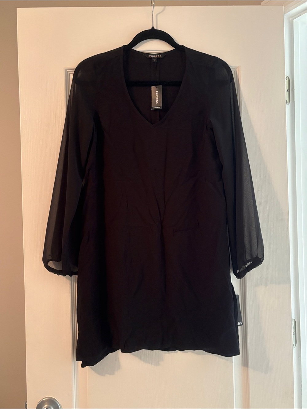 NWT! Express Black V-Neck Dress with Sheer Long Sleeves
